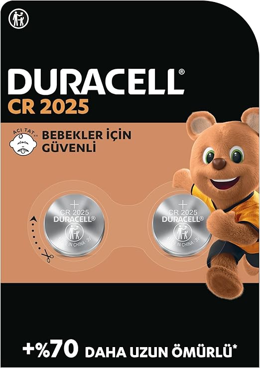 Duracell 2025 Lityum Düğme Piller (2’li Paket) 3V, Bebek Güvenlik Teknolojisi, Anahtarlık, Akıllı Bileklikler ve 3D Gözlüklerde Kullanım, Bebek Güvenlikli Paketleme