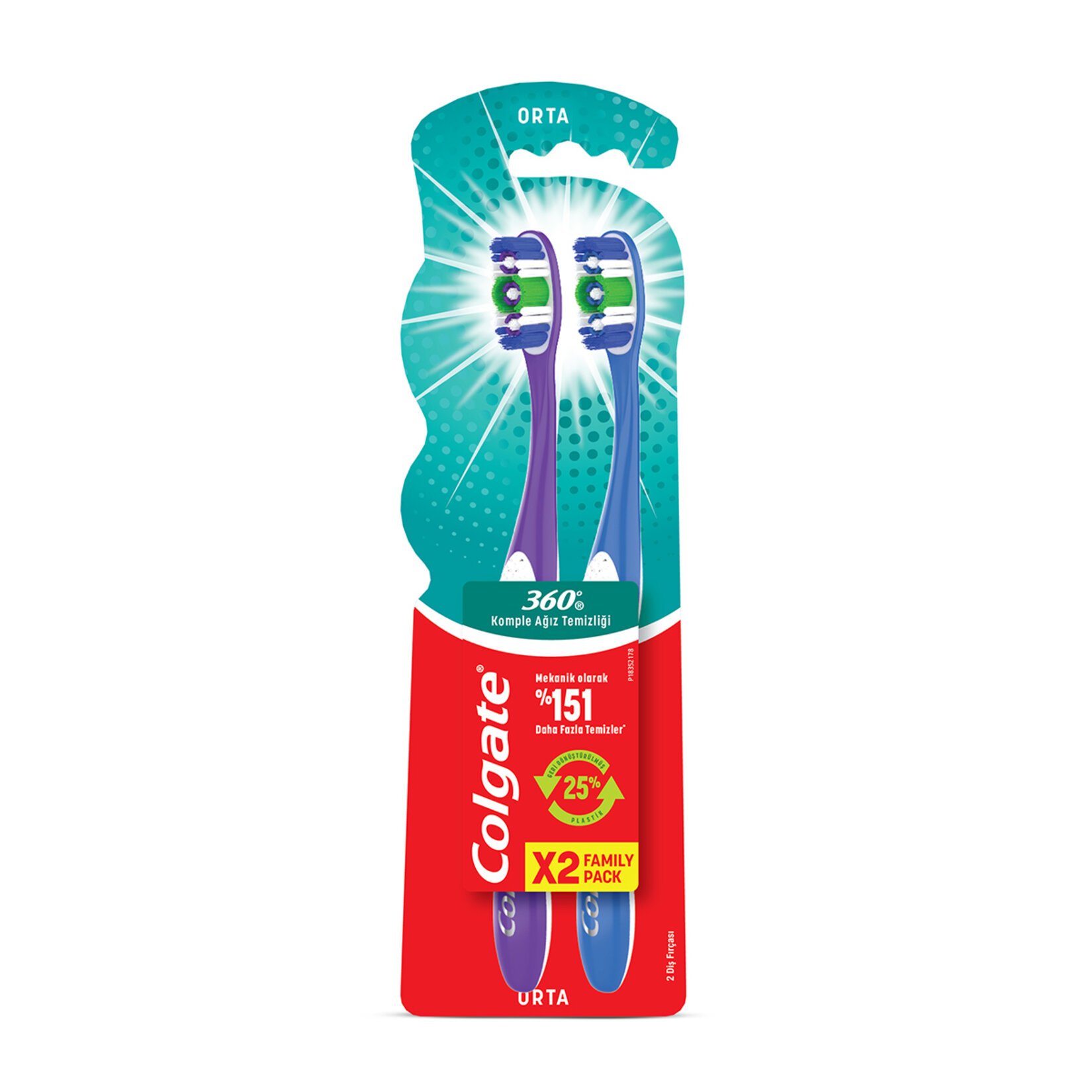 Colgate 360 Komple Ağız Temizliği Orta Diş Fırçası 1+1