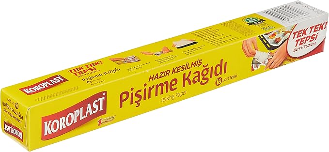 Koroplast Hazır Kesilmiş Pişirme Kağıdı 16 adet 42x37 cm, Helal Sertifikalı BPA İçermez, Fırında Tavuk, Et, Tatlı, Börek Pişirmek için Yüksek Isıya Dayanıklı Hazır Fırın Pişirme Kağıdı Yapışmaz Yanmaz